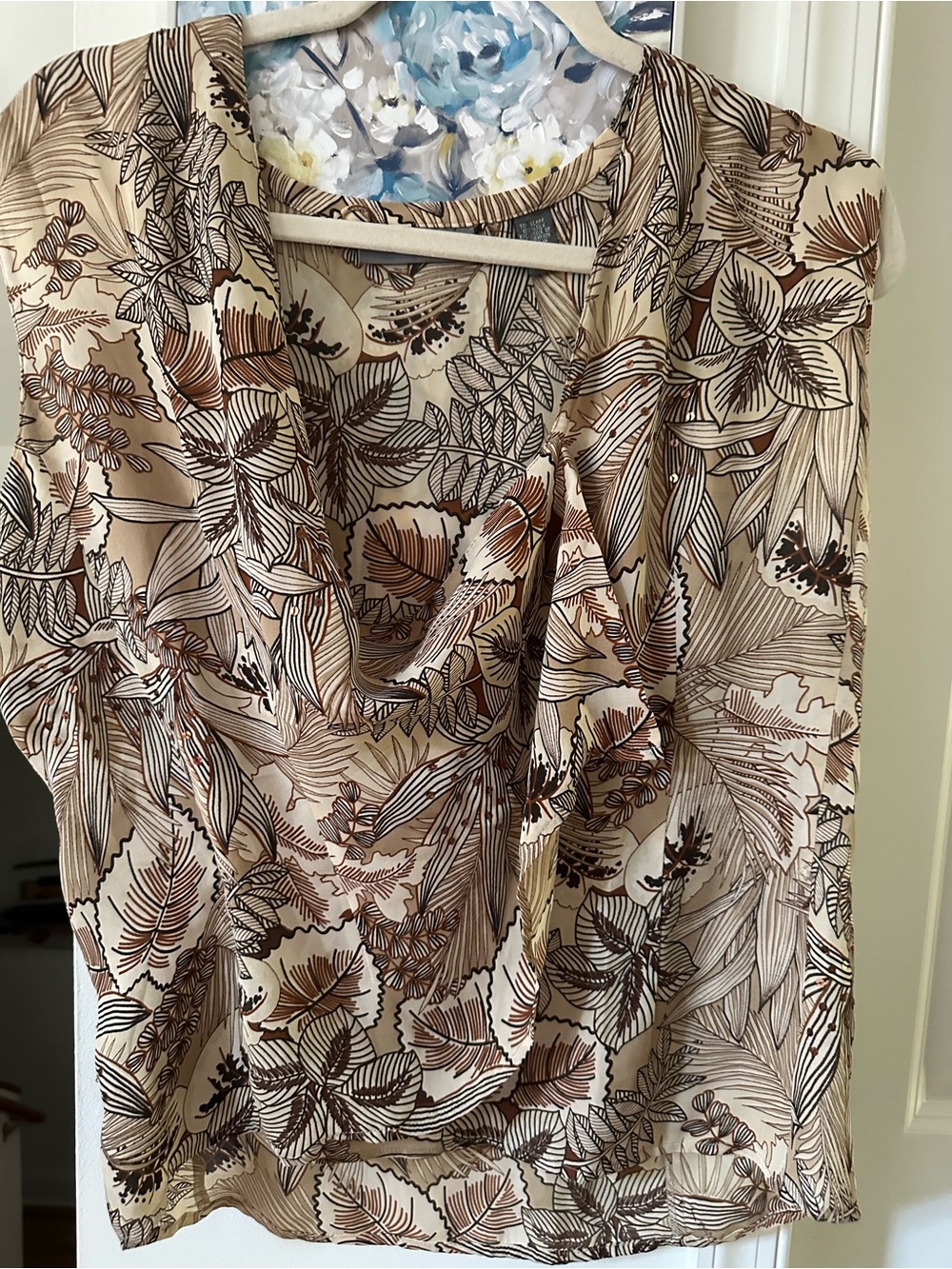 Kate Hill Beige Floral embellished Cowl-Neck Blouse / Vest with Brown Accents